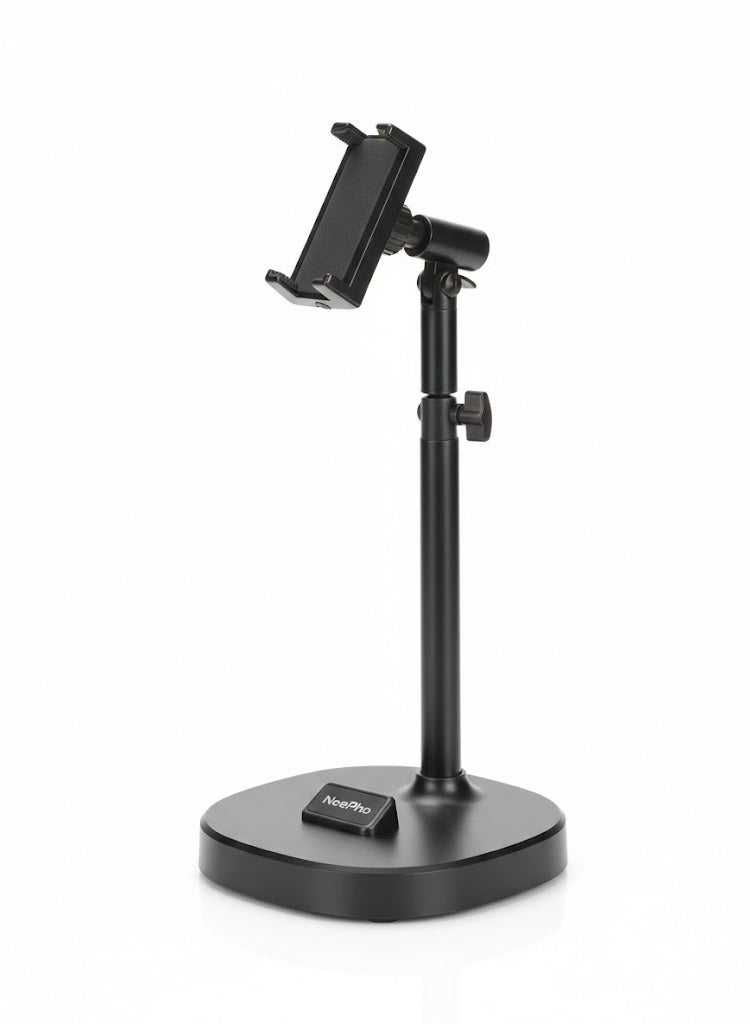 Desktop Phone & Tablet Stand – Adjustable Height (22–37 cm),  Stable Metal Base for Calls, Viewing & Recording – Black
