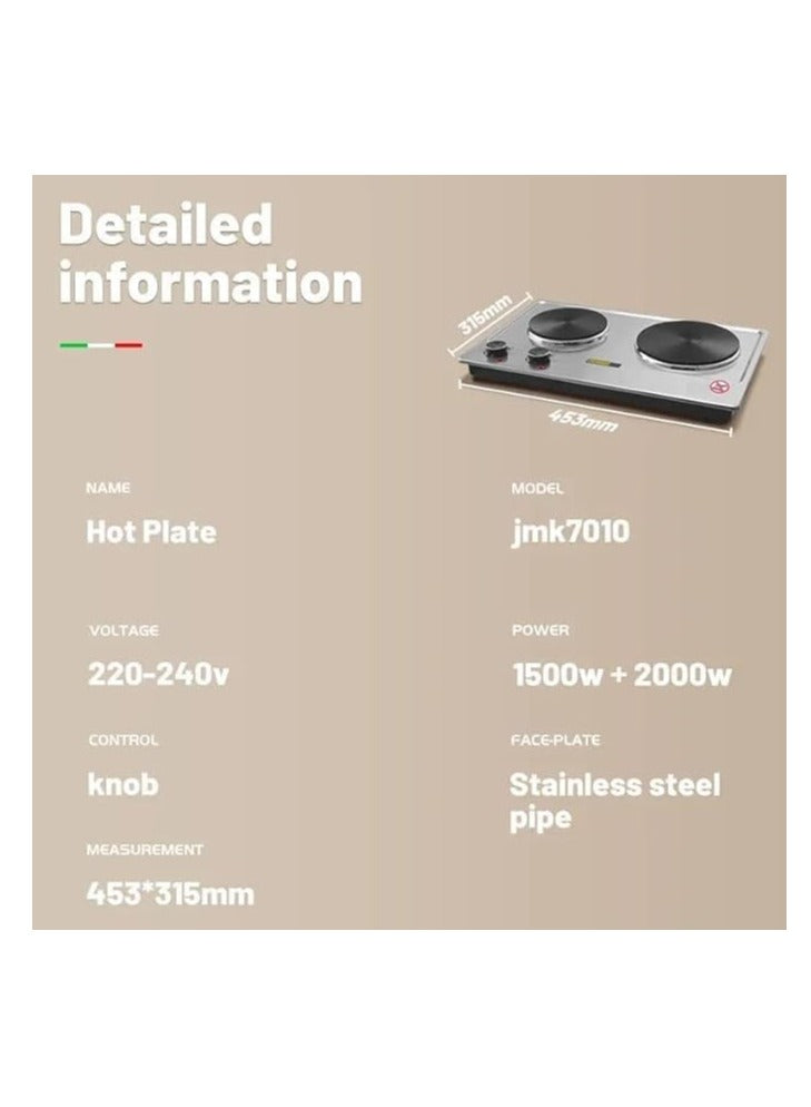 JAMAKY Italy Electric Flat Cooker, 2 Eyes, 1500+2000 Watt, Silver, JMK7010