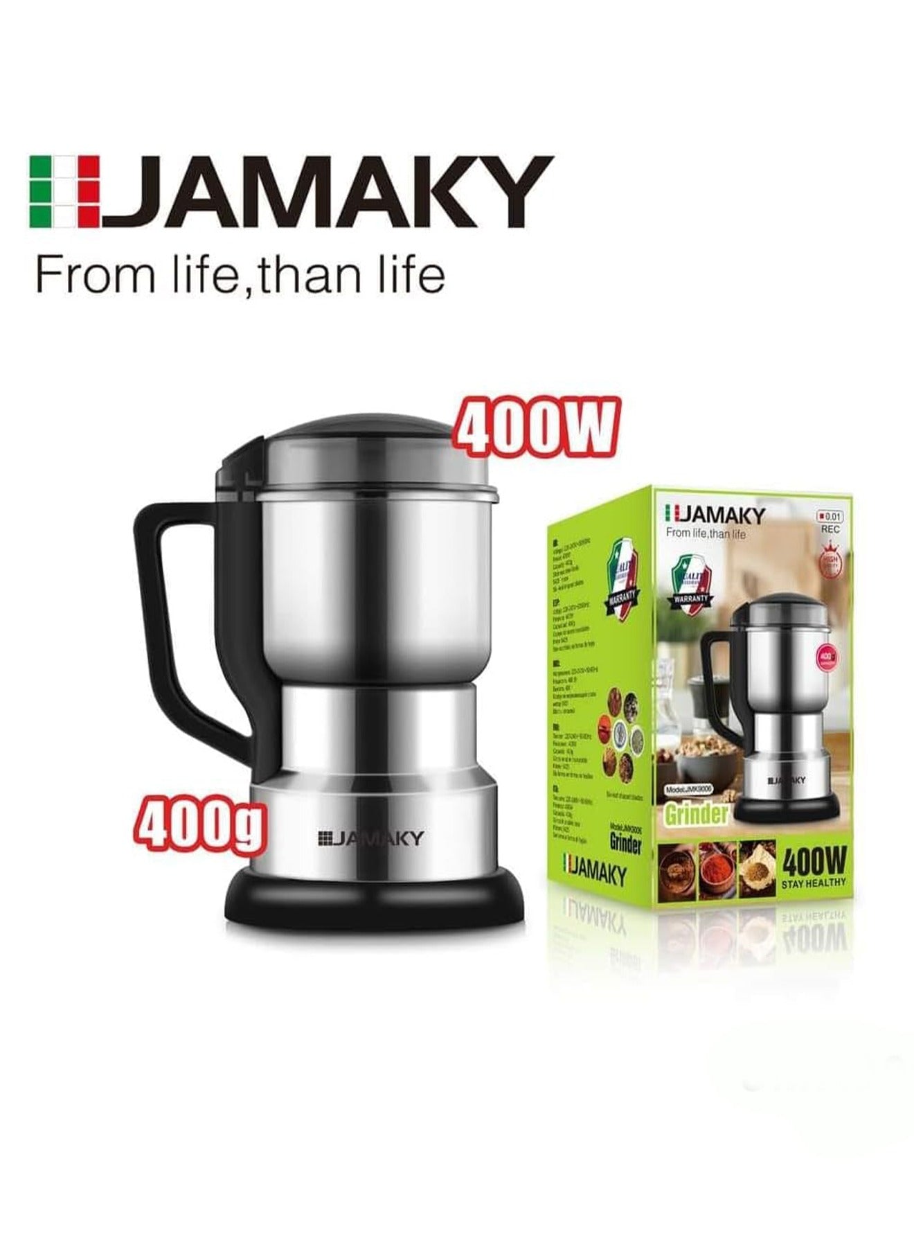 JAMAKY Italy Multifunctional stainless steel spice grinder 400W 400g 4 sharp blades electric spice grinder coffee bean grinder with Italian technology - jmk9006