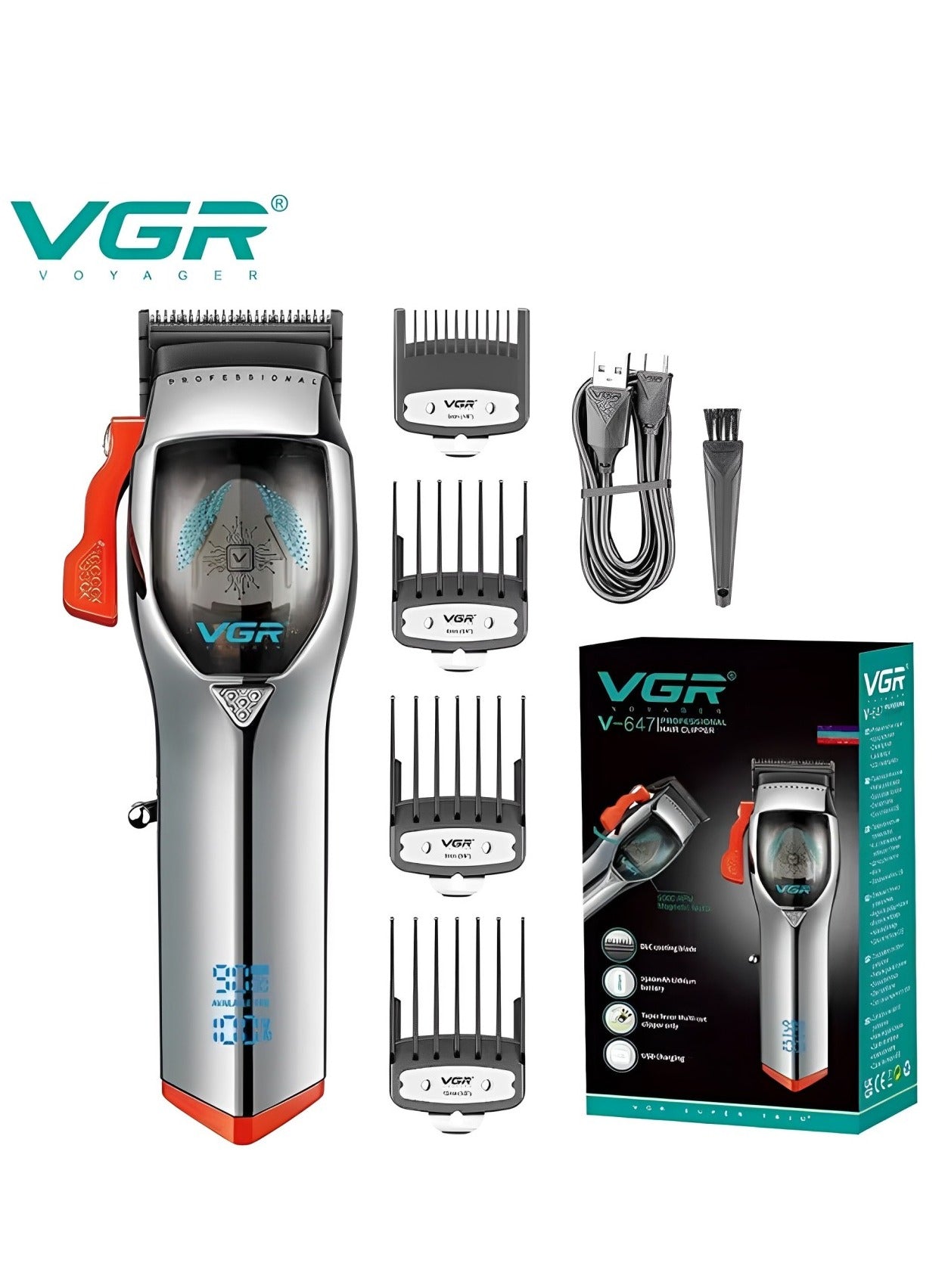 VGR V-647 Professional cordless rechargeable hair trimmer for men, featuring DLC coating blade and 2500mAh lithium battery. It includes a tapered arm for multiple cutting capabilities and comes with a USB charging option.