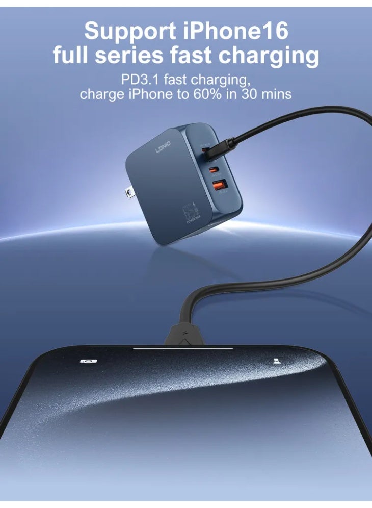 65W PD Super Fast Wall Charger with Dual USB-C, USB-A and Lightning Ports, Power Delivery PPS Fast Charging Adapter for 