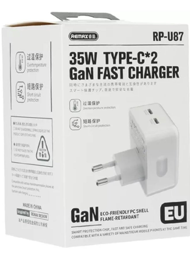 35W Dual Type-C GaN Fast Charger RP-U87, PD + QC Compact Wall Adapter with Smart Chip, 2-Port Fast Charging, EU Plug, Fi