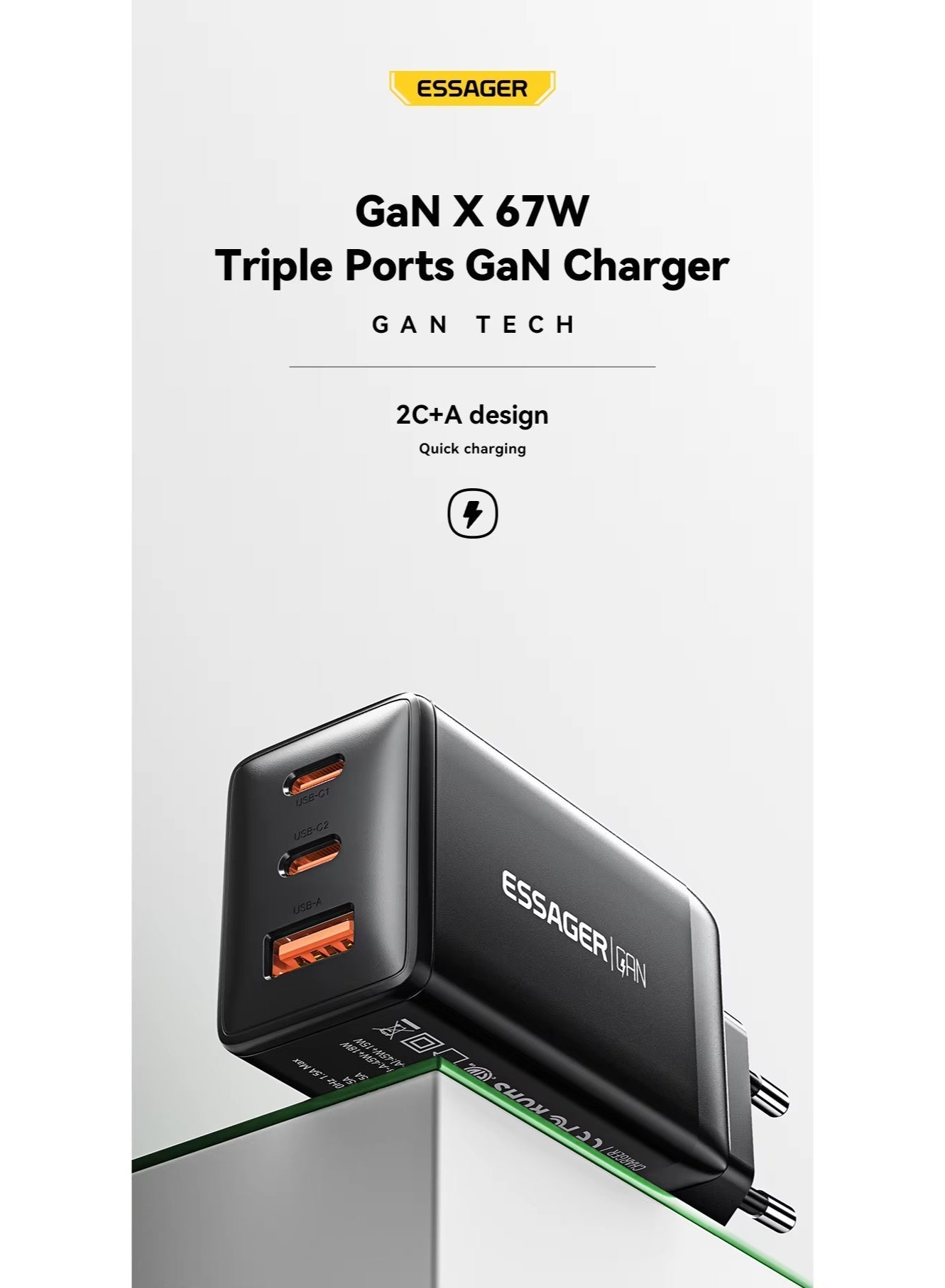 شاحن حائط ESSAGER G671A2CU GaN قوة 67W 3 منافذ QC4.0 أسود
