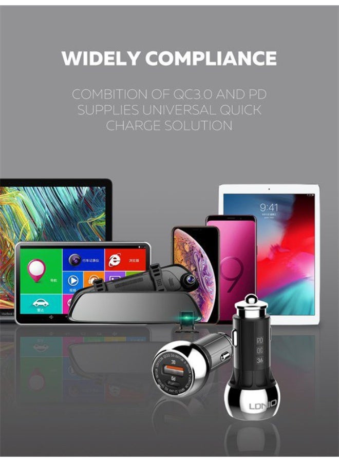 C1 36W Super Fast Car Charger with Lightning Cable, USB-C PD & QC4+ Dual Port Car Charger, Zinc Alloy Fast Charging Car 