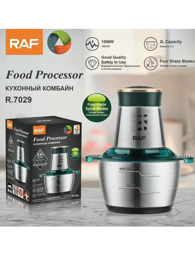 RAF Stainless Steel Food Processor, Stalis Bowl, 1000 Watt, 2 Liters, Powerful R.7029 Motor Chops Vegetables, Grinds Meats and Processes Sauces Quickly