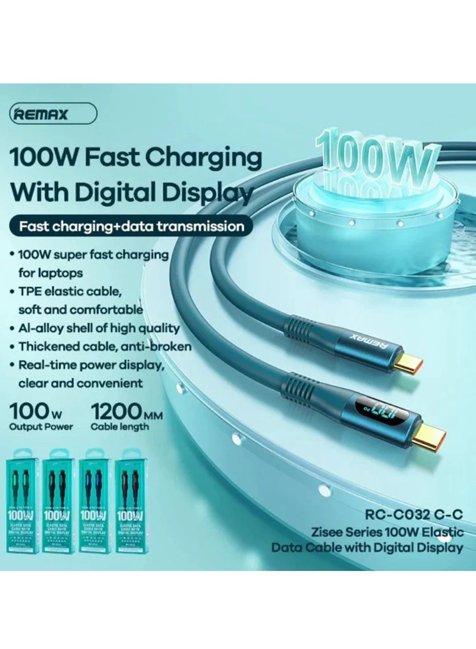 كابل REMAX RC-C032 Type-C إلى Type-C شاشة رقمية قوة 100W أسود