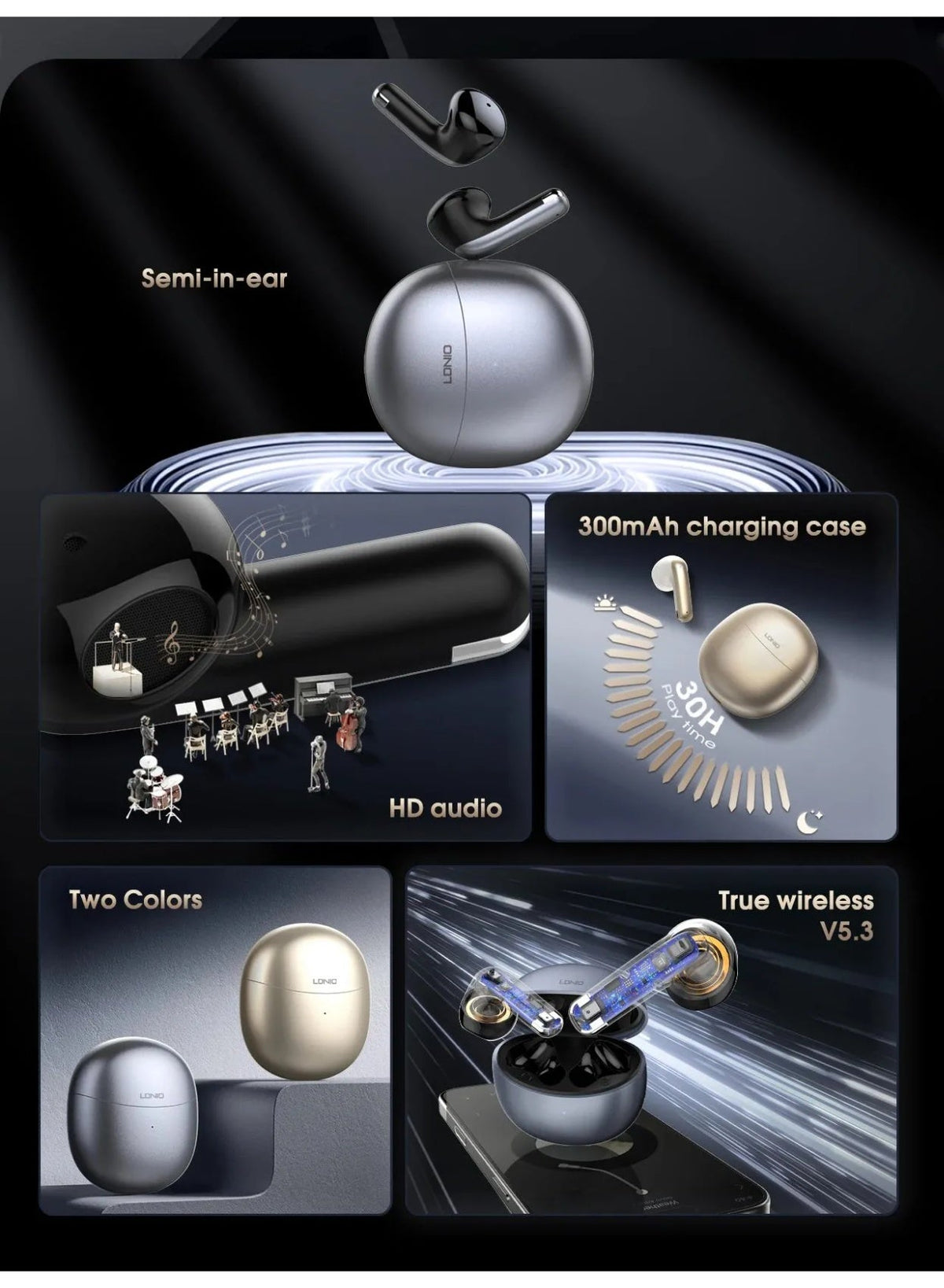Wireless Bluetooth 5.3 Semi-In-Ear Earbuds with Charging Case, Low Latency Gaming Earphones, HD Stereo Hi-Fi Sound, Nois