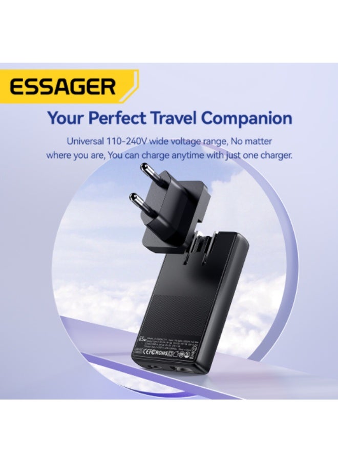 شاحن حائط ESSAGER JT-CG65AC1U1 GaN قوة 65W منفذين PD رفيع أسود