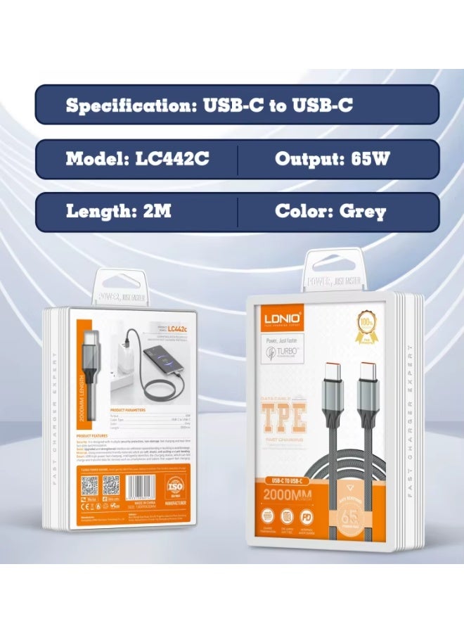 كابل بيانات LC442c فائق السرعة للشحن من النوع C إلى النوع C بقدرة 5 أمبير، يدعم توصيل الطاقة بقدرة 65 واط، طوله متران، ي