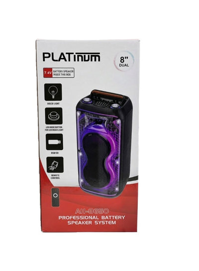 AH-8650 Portable Dual 8 Inch Rechargeable Party Speaker with Disco LED Lights and Remote Control High Power Wireless Aud