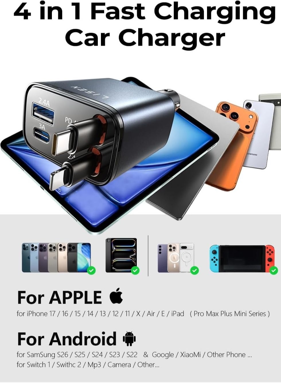 CH-272 65W Smart Fast Wall Charger with LCD Power Display, Dual-Port USB-C & USB-A Charging Adapter, AC 100–240V Travel 