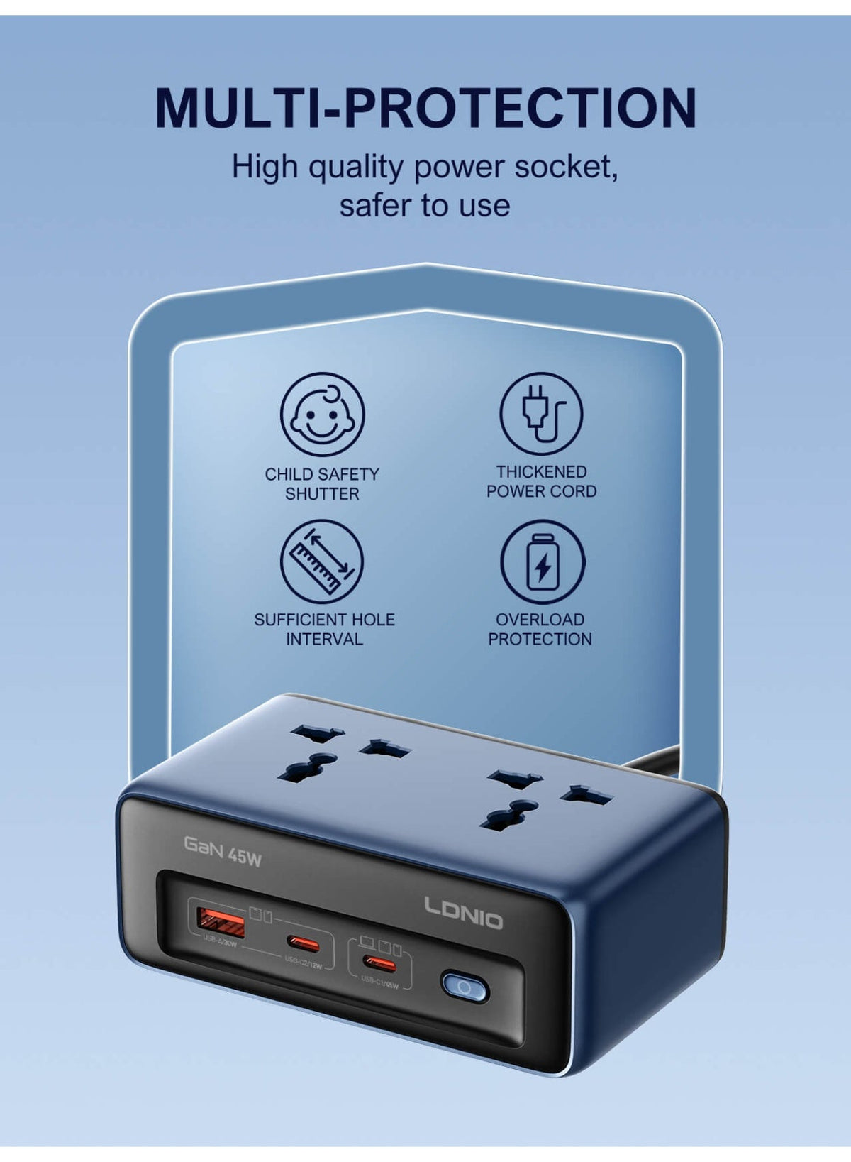 Universal Power Strip with 45W GaN Fast Charging, 2 USB-C and USB-A Charging Ports, 2500W Extension Socket, Desktop Powe