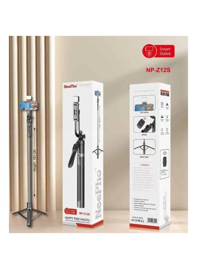 Smart Selfie Stick Tripod NP-Z12S with LED Fill Light & Bluetooth Remote – 1830mm Extendable Aluminum Alloy Stand for St