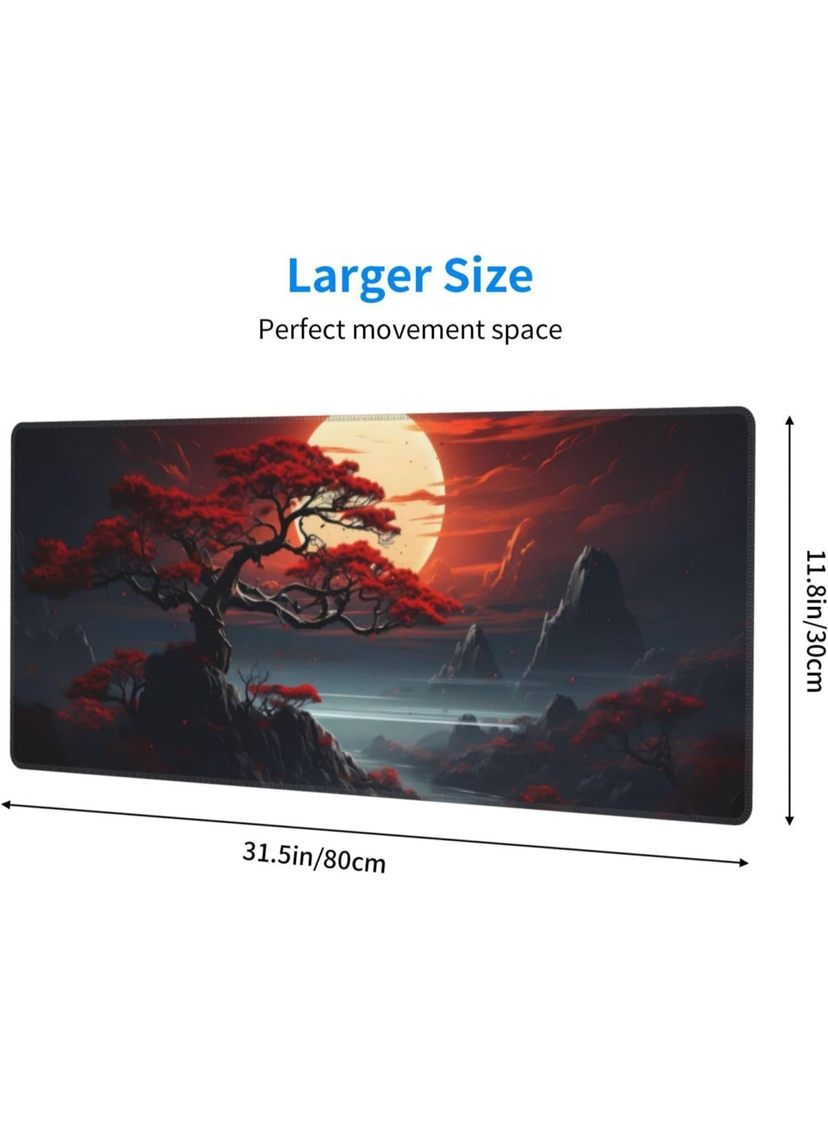 Darkness Red Moon Desk Mat Japanese Mouse Pad, Large Japanese Desk Mat, XL Anime Gaming Keyboard Mat, Non-Slip Rubber Ba