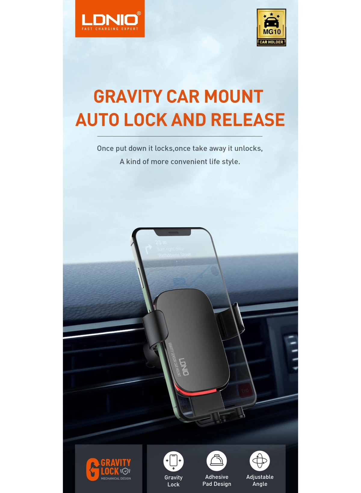 MG10 Universal 360° Rotation Gravity Car Phone Holder , Automatic Tightening & Release, Triangle Power Contraction Desig