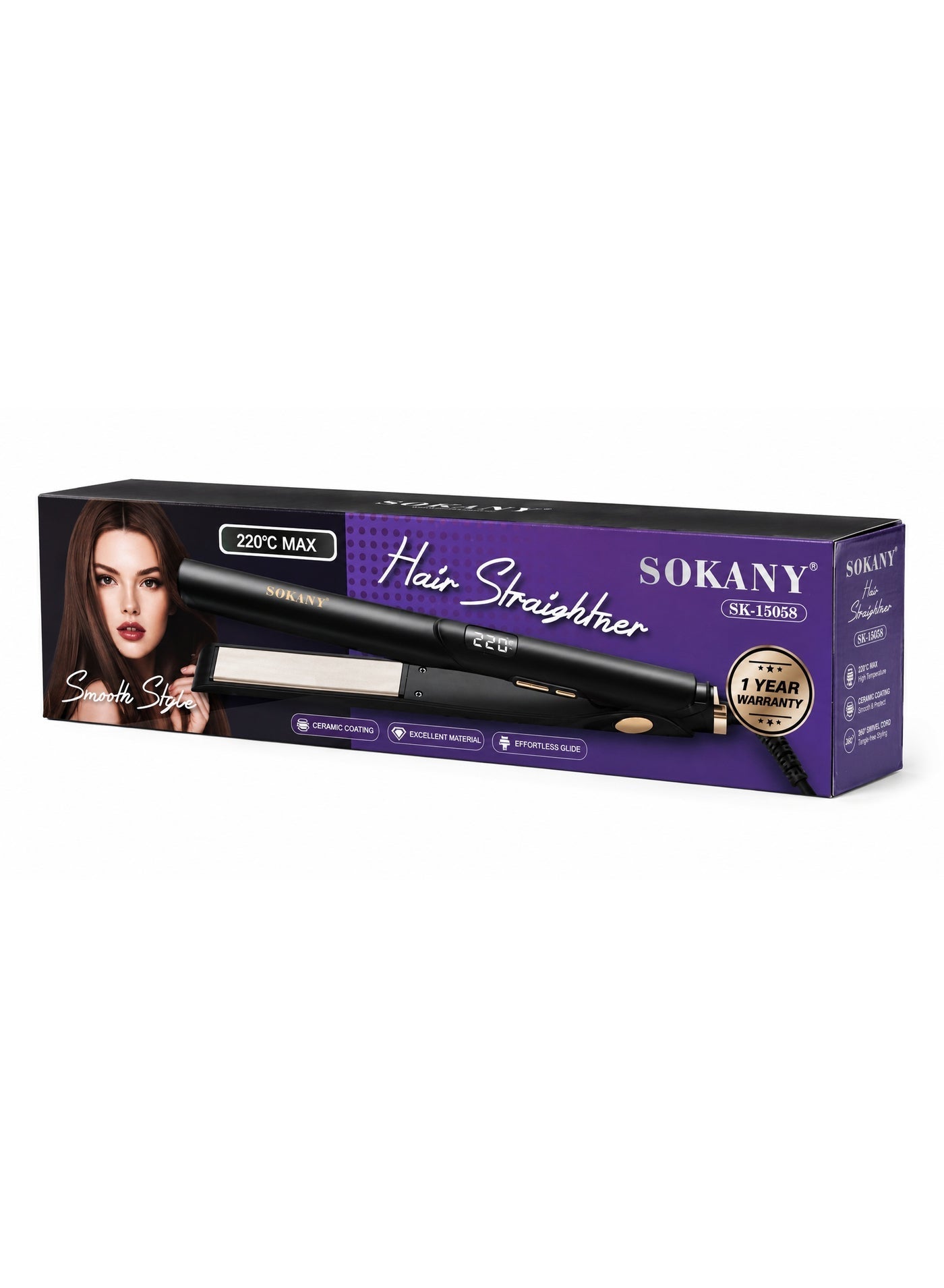 SK-15058 Hair Straightener – PTC Fast Heating, Digital Display, Temperature up to 220°F, Anti-Scalding Design, 360° Swiv