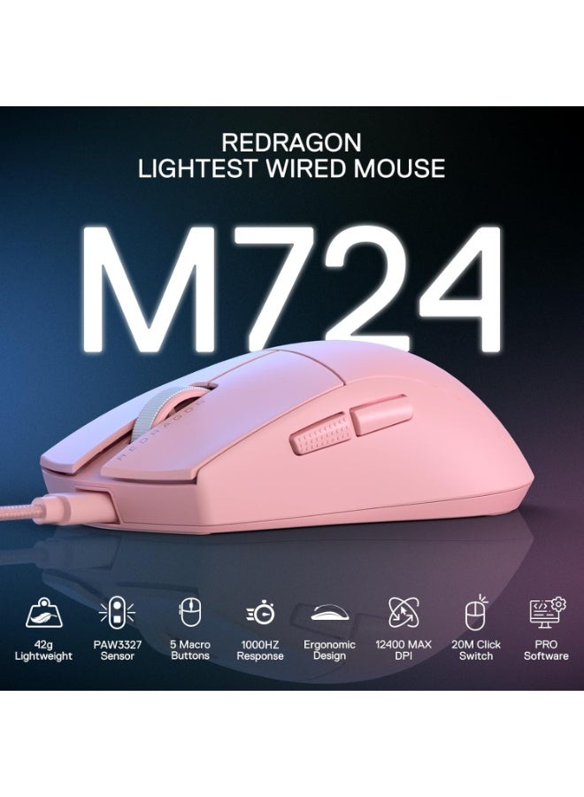 K1NG M724 Wired Gaming Mouse, 42G Ultra-Light 12,400 Max DPI Optical Gaming Mouse with 5 Programmable Buttons, Ergonomic