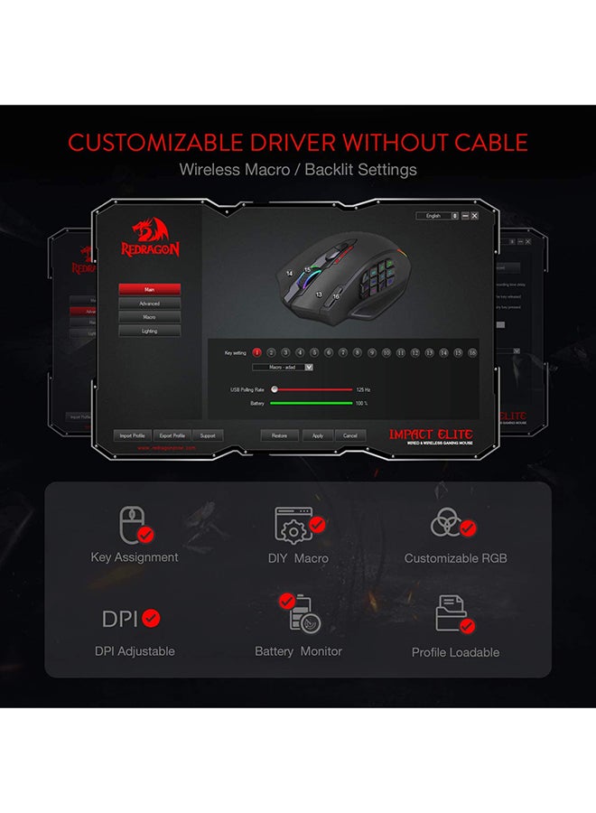 Redragon M913 Impact Elite Wireless & Wired Gaming Mouse – 16,000 DPI Pixart 3335 Sensor, 16 Programmable Buttons (12 Si