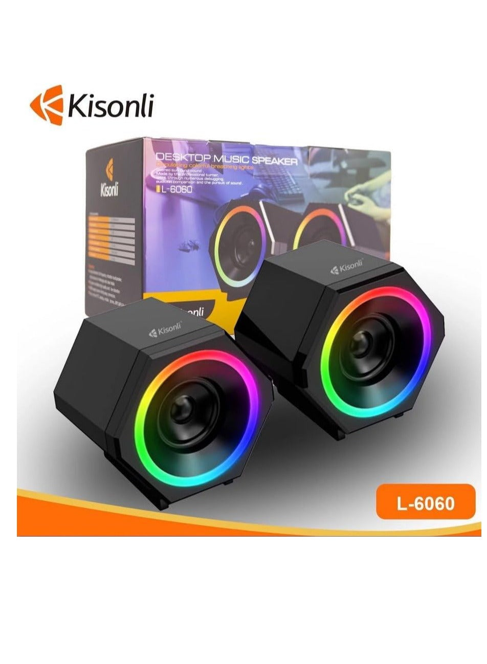 Kisonli Music Speaker For Gaming RGB colorful lights, stereo sound, good quality, can connect pc, laptop, mp3, mp4 , l-6060