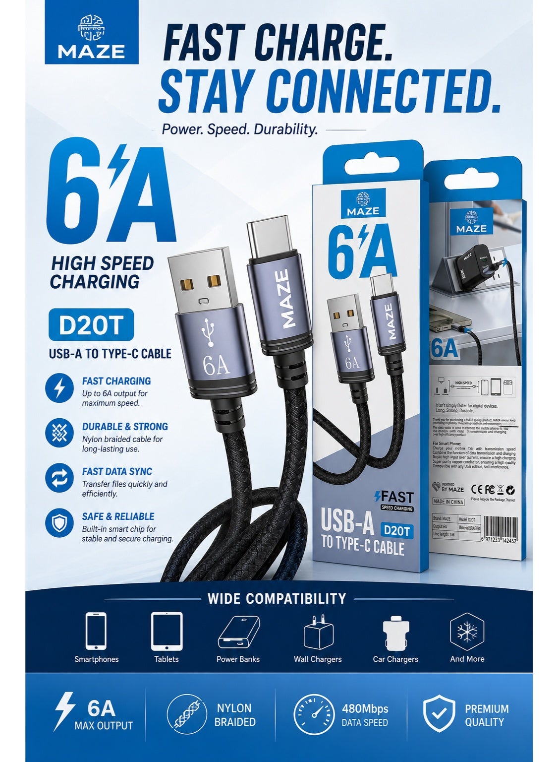 كابل MAZE D20T شحن سريع Type-C USB قوة 6A يدعم QC 3.0 أسود