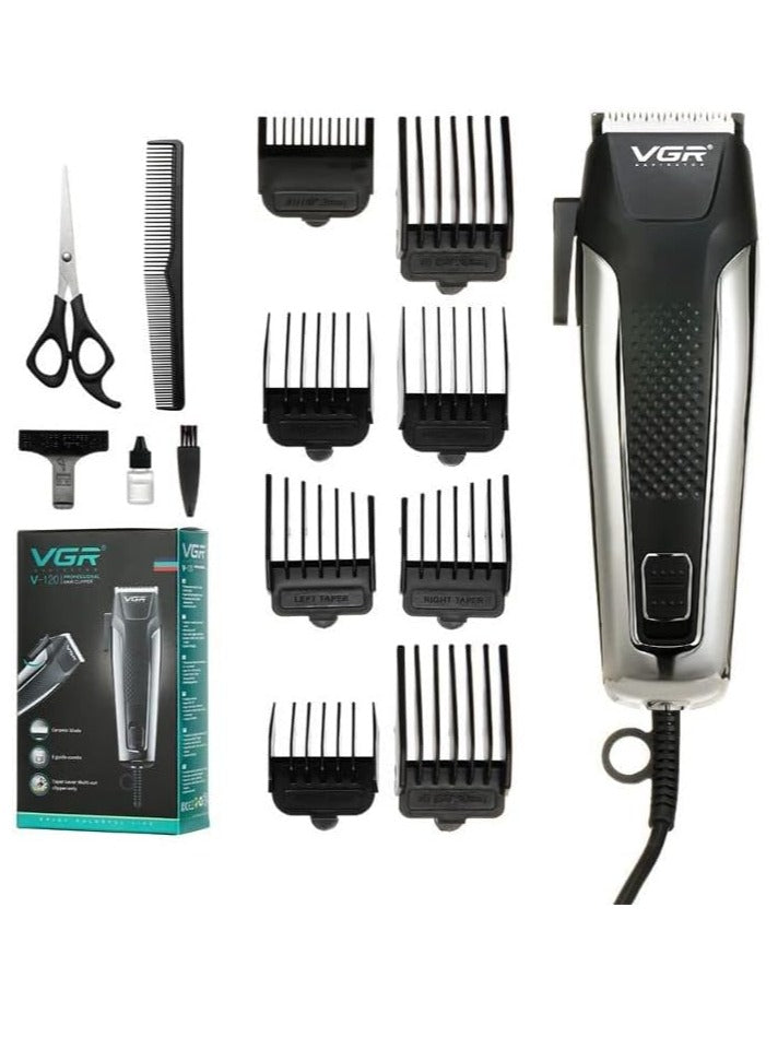 VGR V-120 Professional Hair Clipper with Self Sharpening Blades, 8 Guide Combs, Scissors, Comb, Taper Lever Adjustments for close cut trimming for men, Corded (Black)