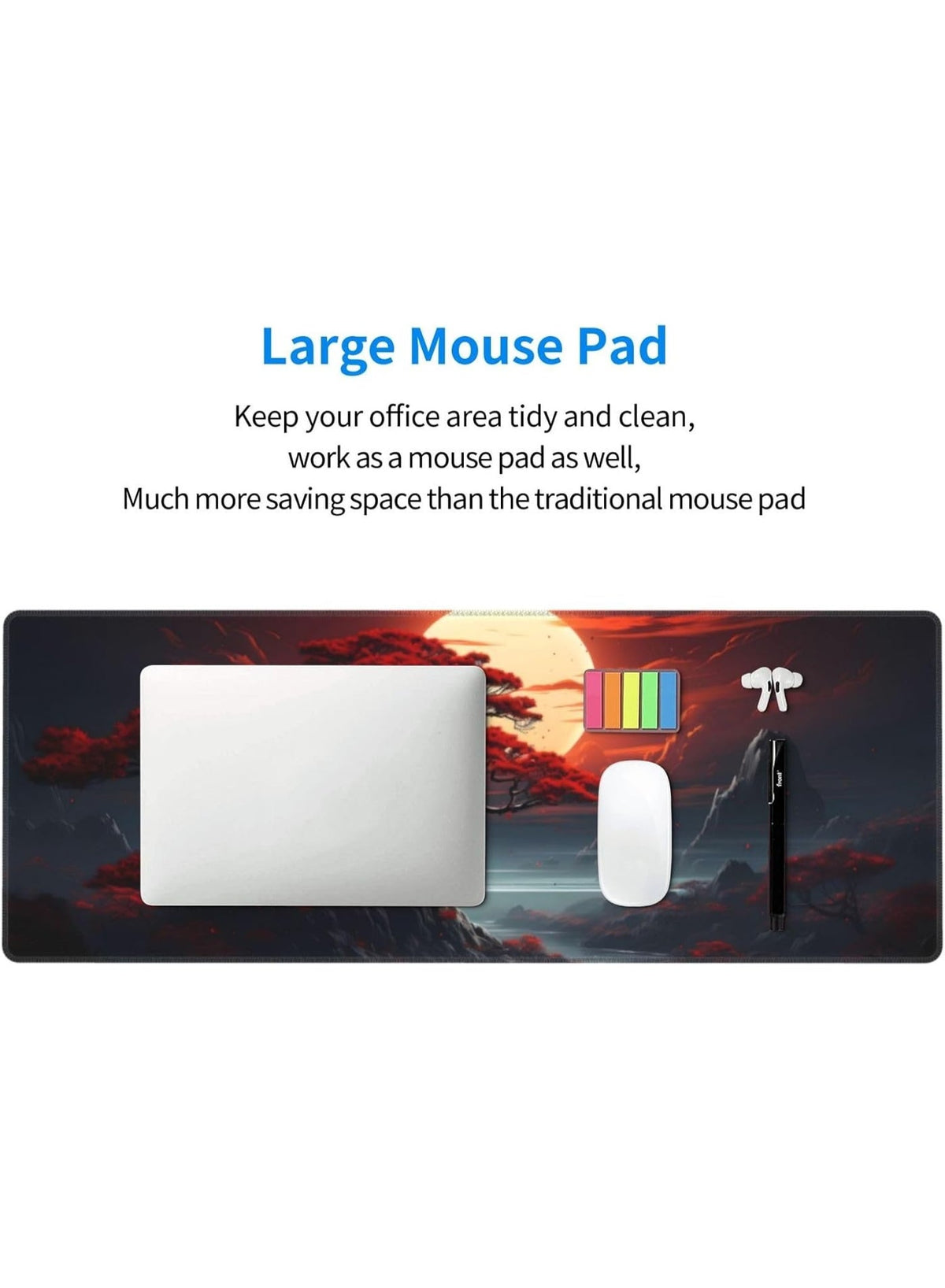 Darkness Red Moon Desk Mat Japanese Mouse Pad, Large Japanese Desk Mat, XL Anime Gaming Keyboard Mat, Non-Slip Rubber Ba