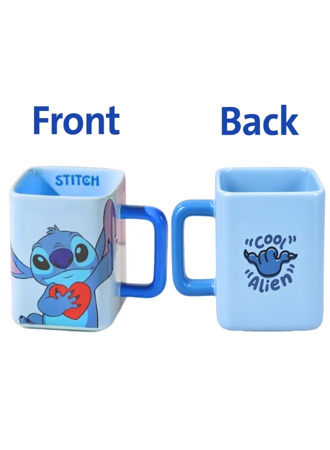 Stitch Ceramic Mug 450ml, Cute Cartoon Square Coffee Mug, Large Capacity Ceramic Tea Cup with Vibrant Character Design, 