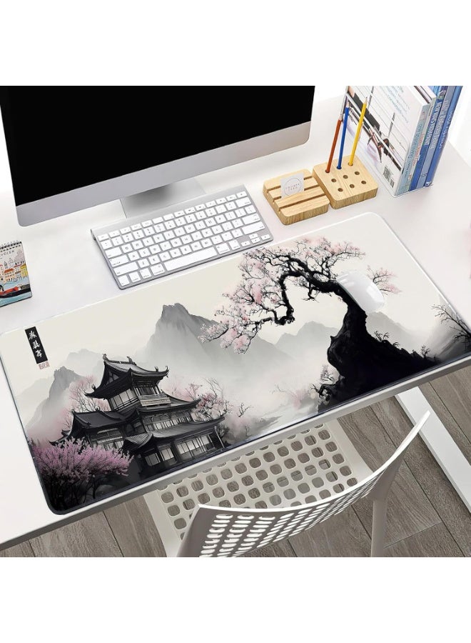 Japanes Watercolor Cherry Blossom Extended Gaming Mouse Pad with Stitched Edges 70×30cm XL Desk Mat for Gaming, Office, 