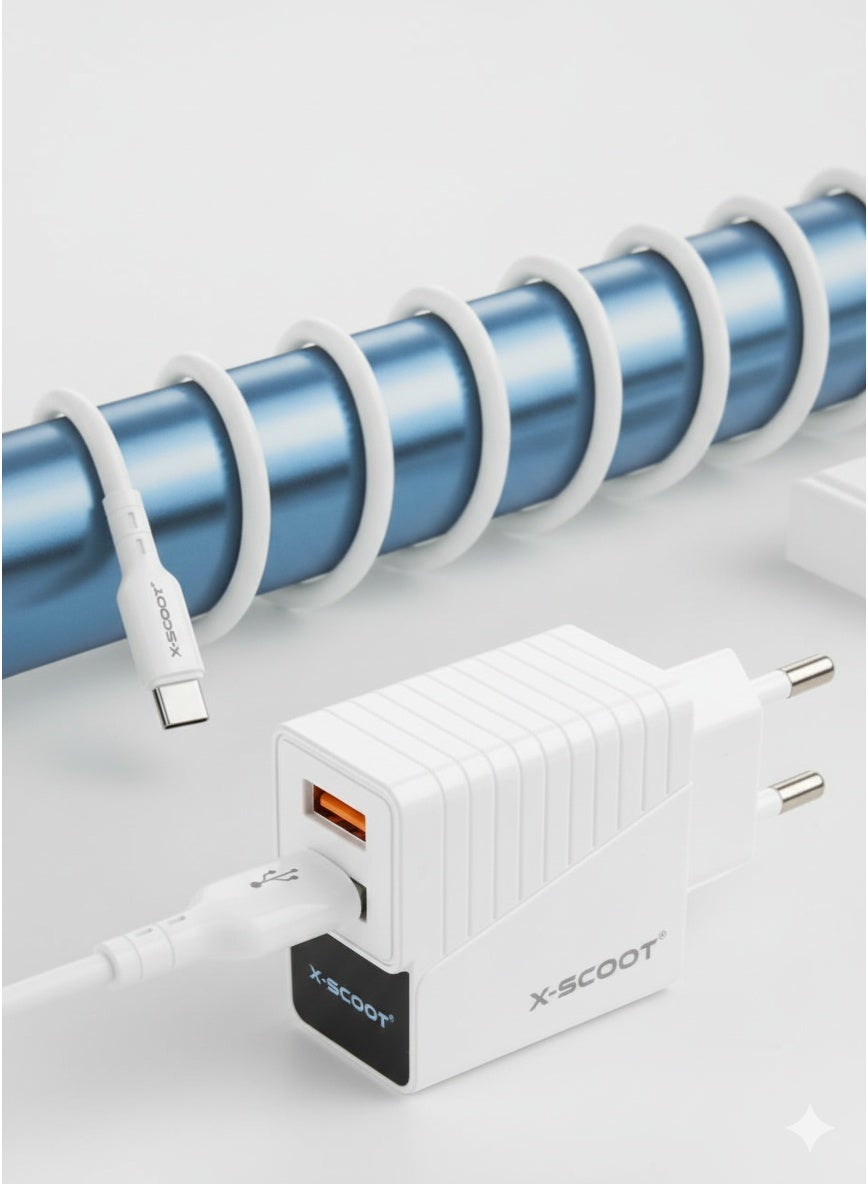 CH-232 LED Fast Charger 2.4A with Dual USB Ports, Included Type-C Cable, Fire-Resistant Build, and Advanced Current Prot