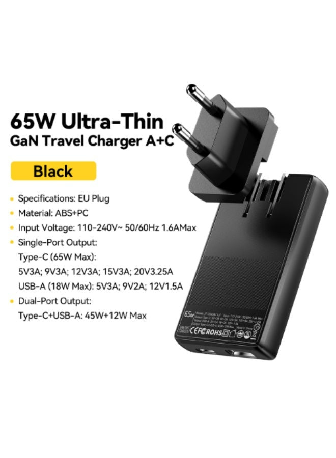 شاحن حائط ESSAGER JT-CG65AC1U1 GaN قوة 65W منفذين PD رفيع أسود