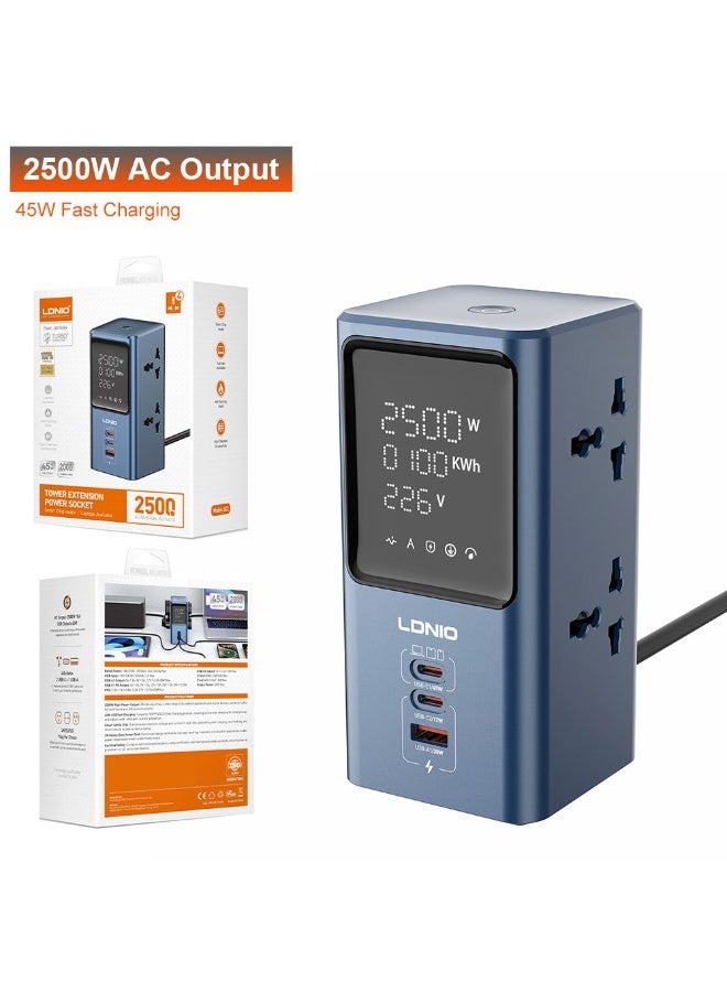 Universal Power Strip with 45W PD Fast Charging, 2 USB-C and USB-A Charging Ports, 2500W Extension Power Socket, Multi P