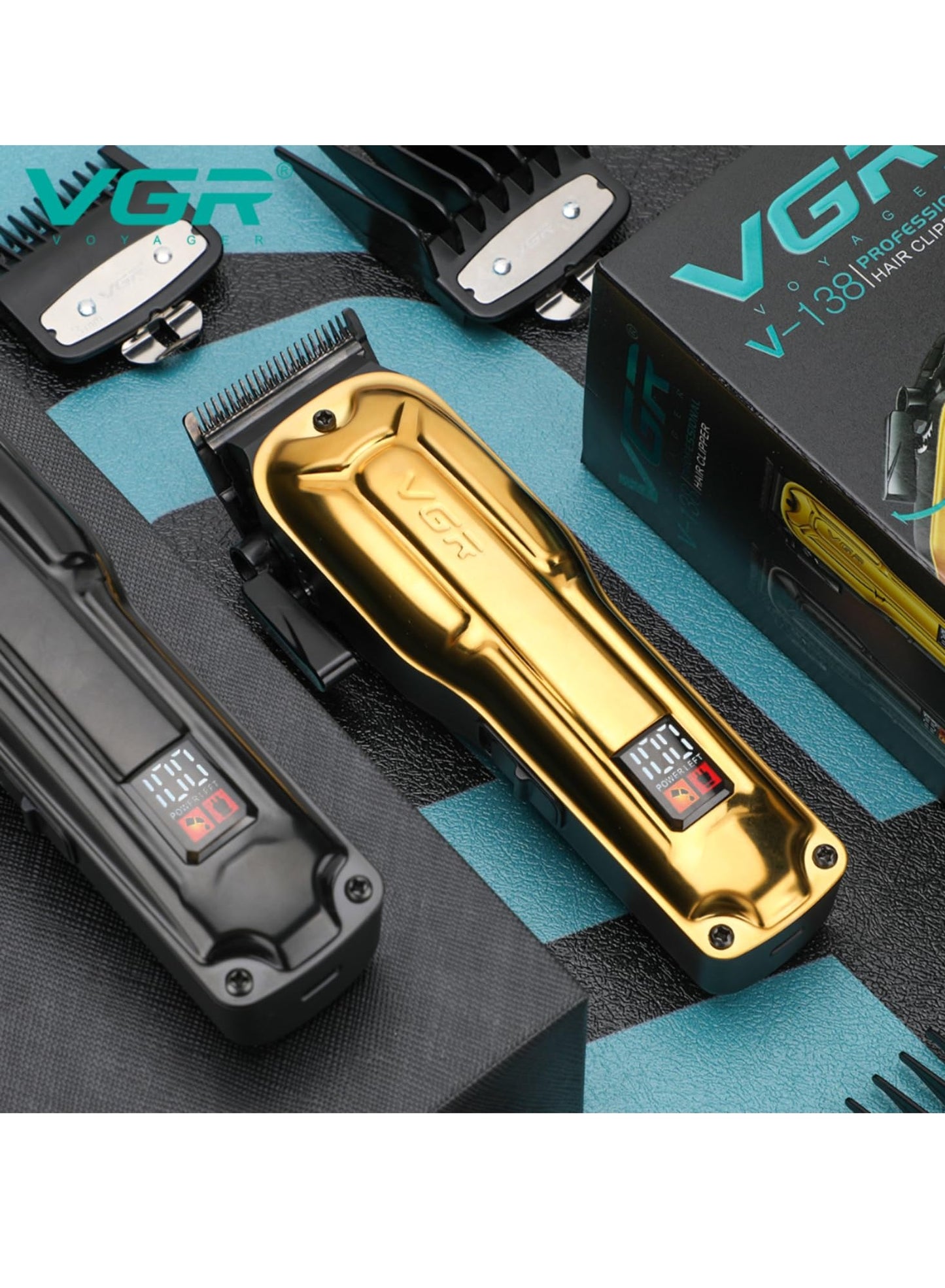 VGR V-138 Premium Metal Housing Hair Clipper 10000H+ Brushless motor (BLDC) Digital Display DLC coating Blade 2500 mAh battery USB charging 4 adjustable Taper Lever 4 Guide comb Runtime 180 min Gold