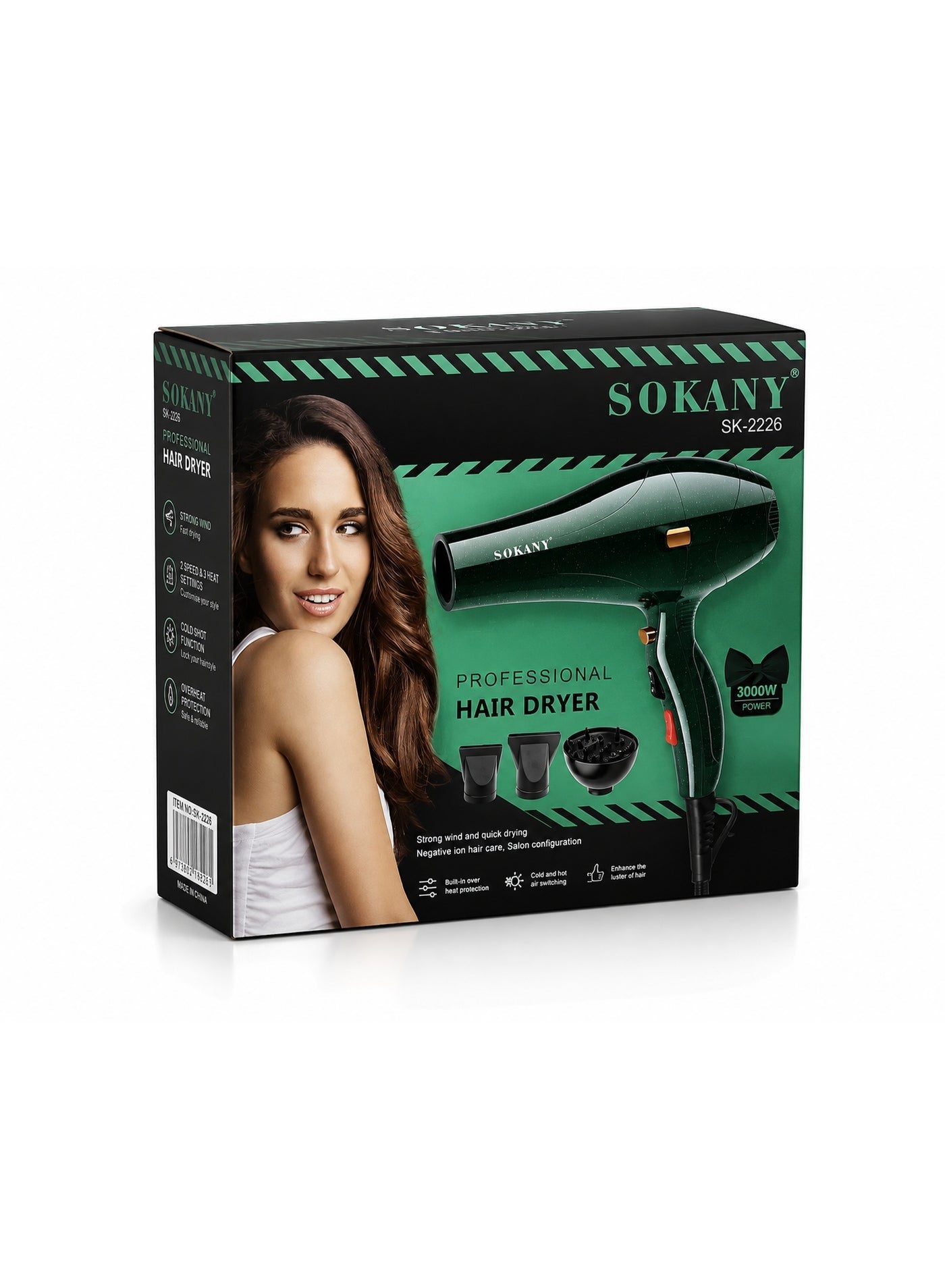 SK-2226 Professional Hair Dryer – 3000W High-Power Motor, 3 Styling Attachments, 2 Speed & 2 Heat Settings, Hot & Cold A
