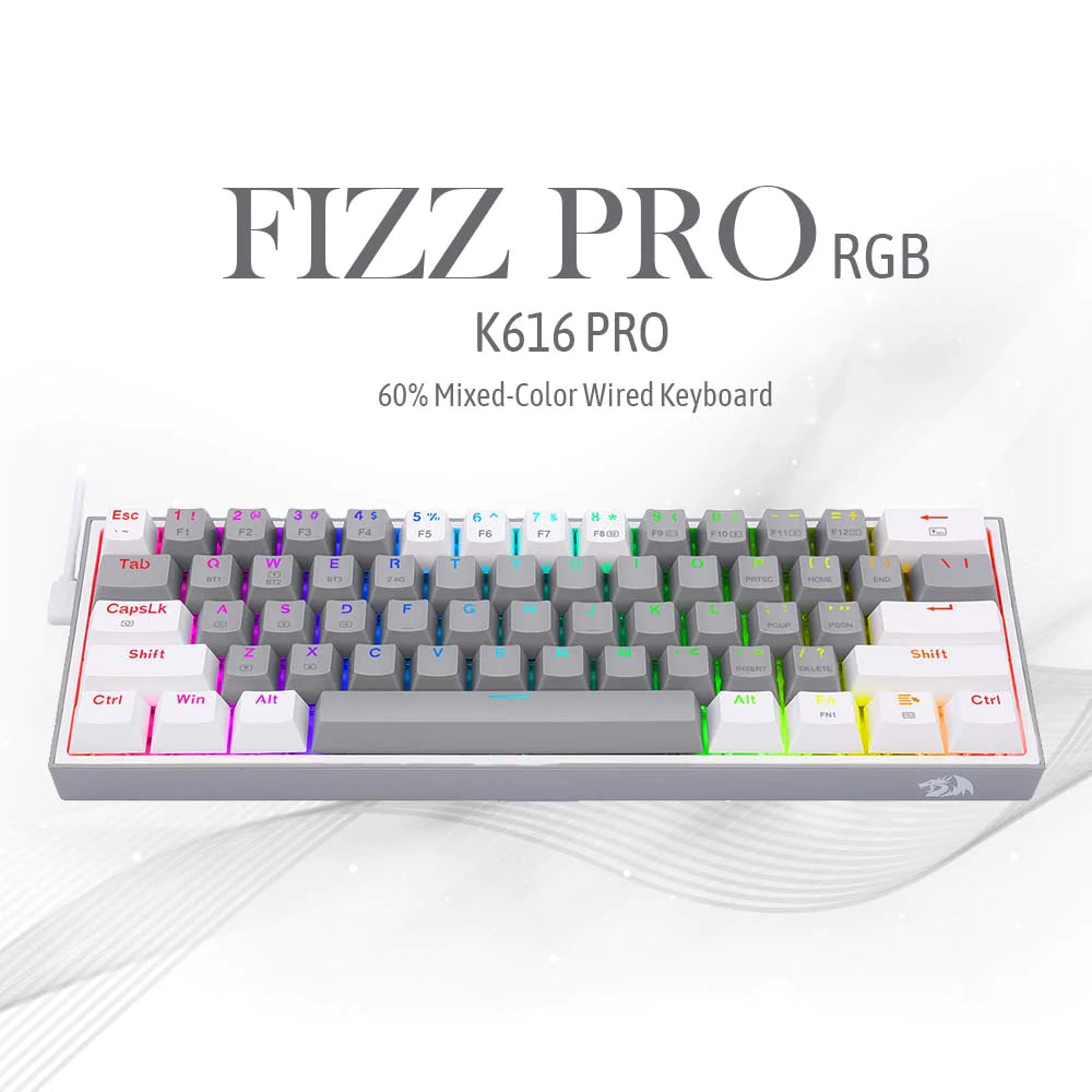 REDRAGON K616 Fizz Pro RGB 60% Wireless & Bluetooth Gaming Mechanical Keyboard, Red Switches (White Grey)