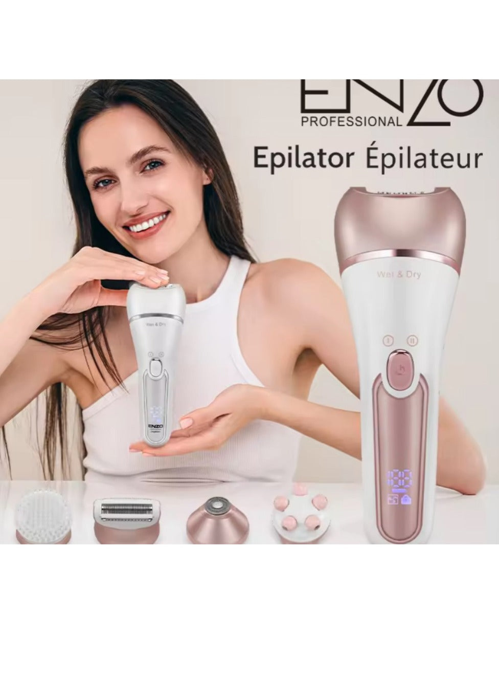 ENZO A powerful device for gentle and painless hair removal for women. For home use, easy to operate and quick, gentle on the skin. Model EN-5842. Contains 10 accessories.