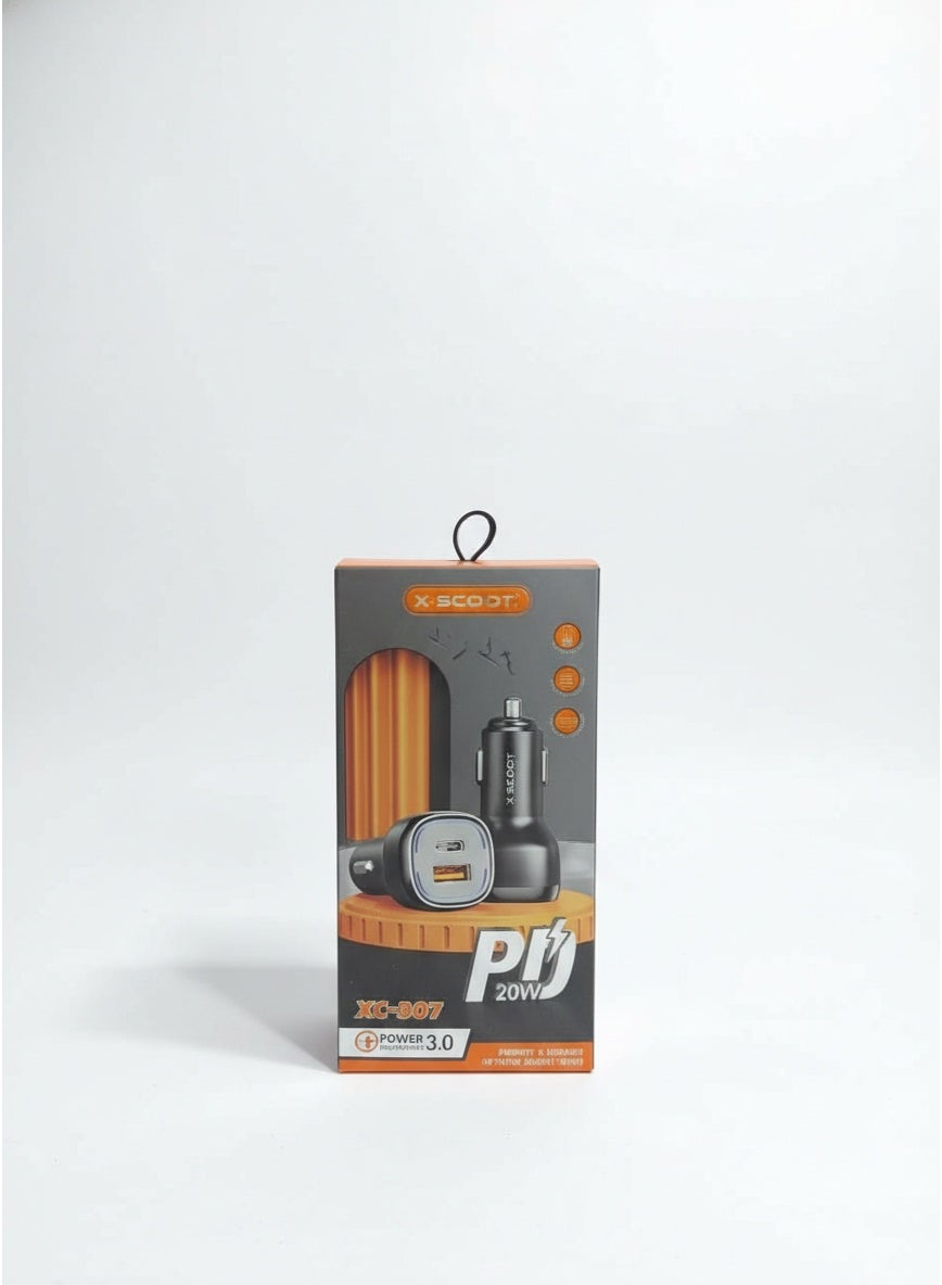 XC-307 20W PD Fast Car Charger with Dual USB Ports (USB-C + USB-A) | Power 3.0 Quick Charge, Super Fast Charging for iPh