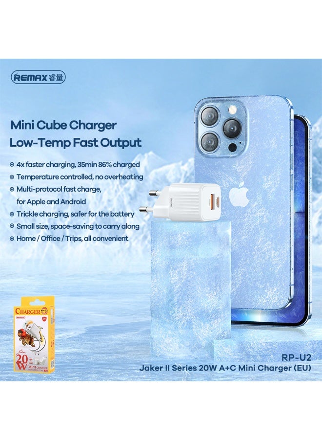 Mini Charger PR-U2 , 20W Dual Port USB & Type-C Fast Wall Charger, Compact Travel Adapter with Smart Protection – White