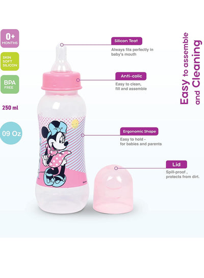 Disney Minnie Mouse Baby 250 ml Feeding Bottle Fast Flow Baby Bottles With Non Collapsing Silicone Nipples, Easy To Clean, Bpa Free, 3+ Months Official Disney Product