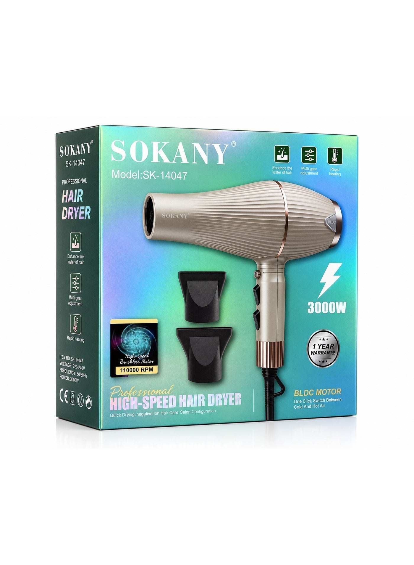 SK-14047 Professional Ionic Hair Dryer 3000W, 110,000 RPM & 2 Styling Attachments, Fast Drying, 2 Speeds & 2 Heat Settin