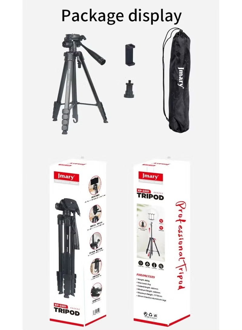Adjustable Tripod Stand KP-2201 with 360° Rotating Head, Extendable Height, Universal Clamp for Camera, Mobile & Ring Li