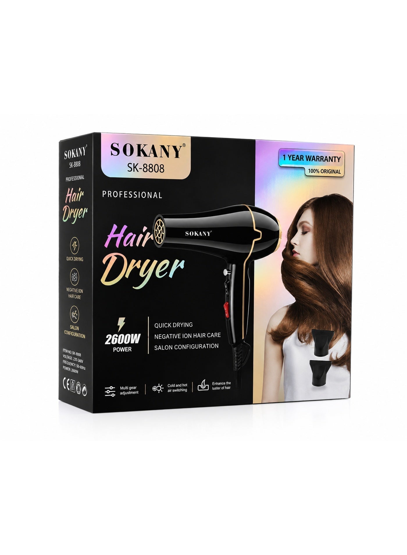 SK-8808 Professional Ionic Hair Dryer 2600W &  2 Styling Attachments, Fast Drying, 2 Speeds & 2 Heat Settings, Hot & Col