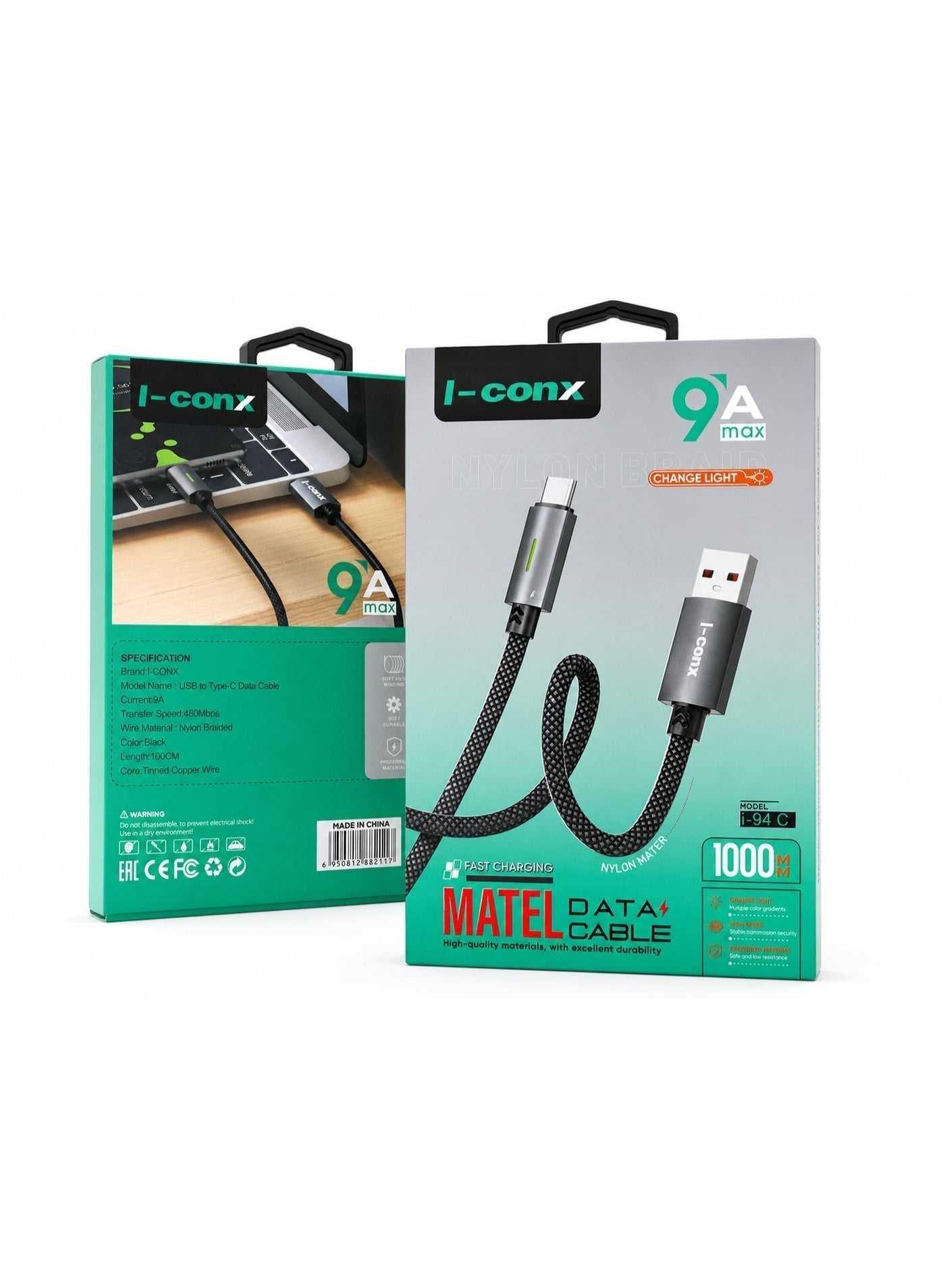 كابل شحن I-conx i-94C تيار 9A طول 1m منفذ USB-C نايلون مضفر أسود
