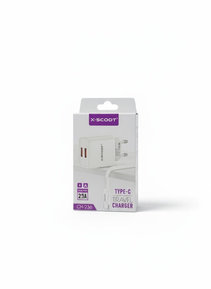 Dual USB Travel Charger 2.1A with Type-C Cable, Compact Fast Charging Wall Adapter, Safe & Lightweight Design – Model CH