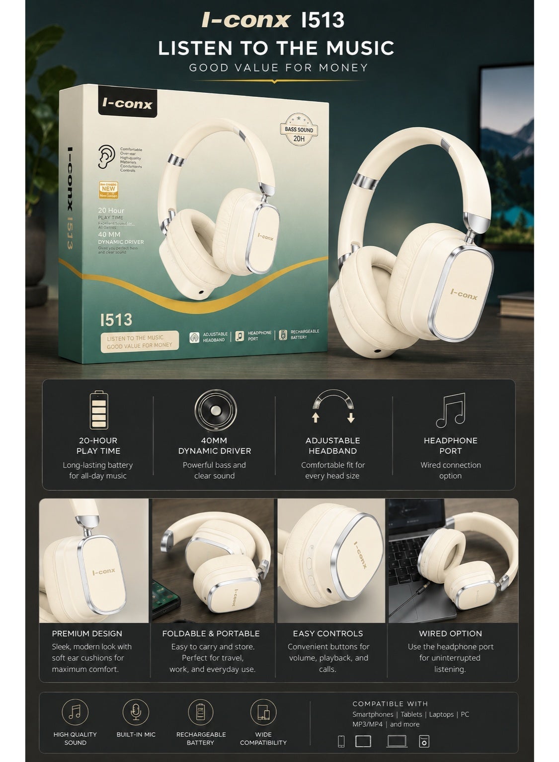 I513 Wireless Bluetooth Headphones – 40mm Drivers, Deep Stereo Bass, Noise-Reducing Mic, Bluetooth, TF Card, Type-C Char