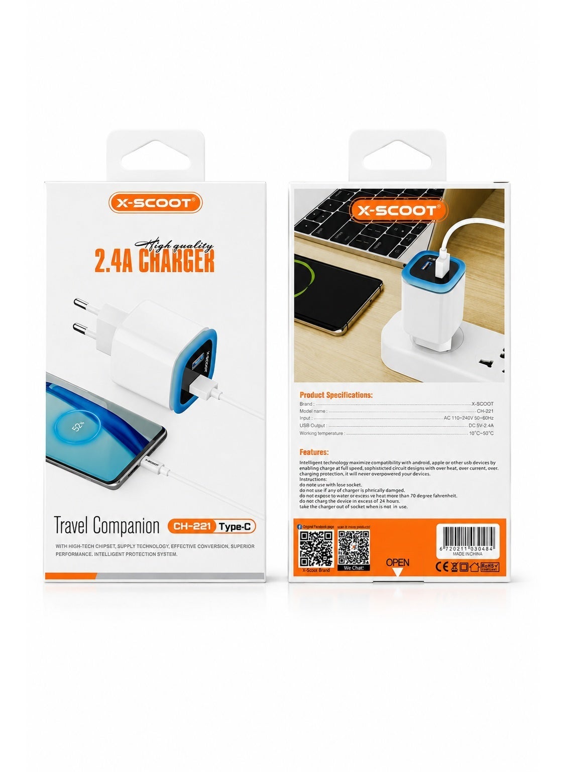 CH-221 Dual USB Wall Charger – DC 5V/2.4A Fast Charging,Type-C Cable, EU Plug, Intelligent Safety Protection, Compact Tr