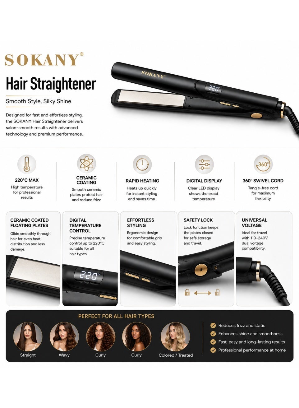 SK-15058 Hair Straightener – PTC Fast Heating, Digital Display, Temperature up to 220°F, Anti-Scalding Design, 360° Swiv