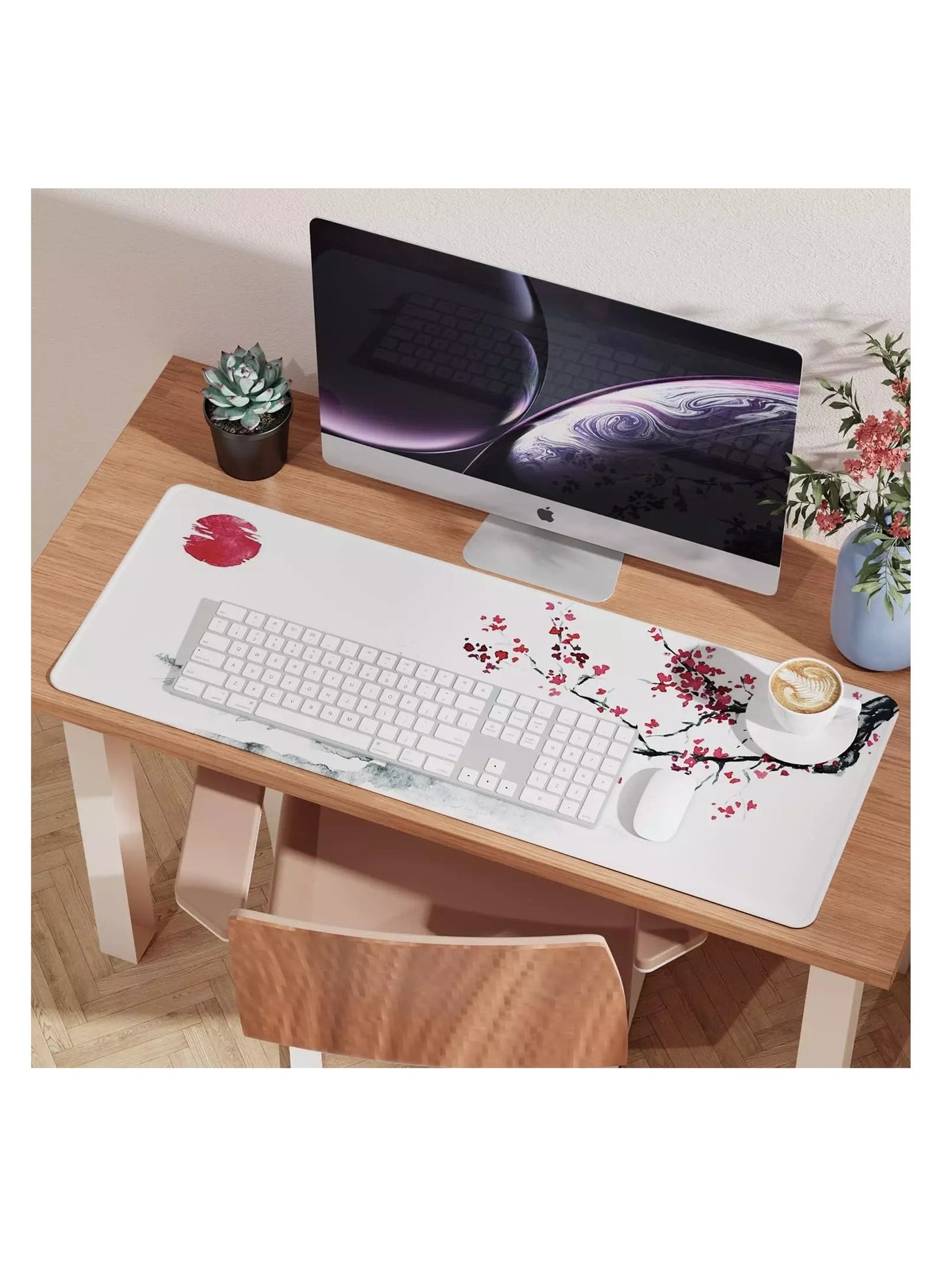 Japanese Cherry Blossom Design White Mouse Pad, Large Extended Mouse Pad for Office with Stitched Edges and Non-Slip Rubber Base, XL Gaming Mouse Pad ( 70x30x2mm )