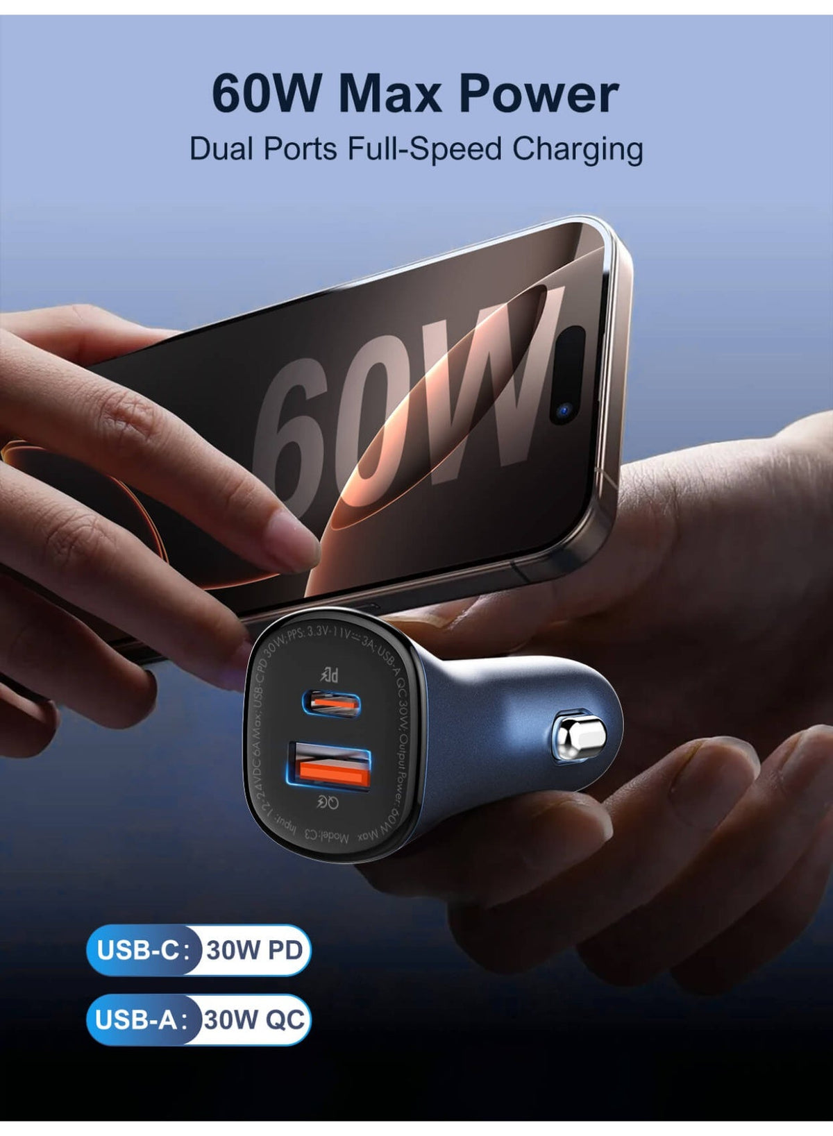 60W Dual Port PD and QC Super Fast Car Charger, USB-C Power Delivery 30W and USB-A Quick Charge 30W Car Charging Adapter