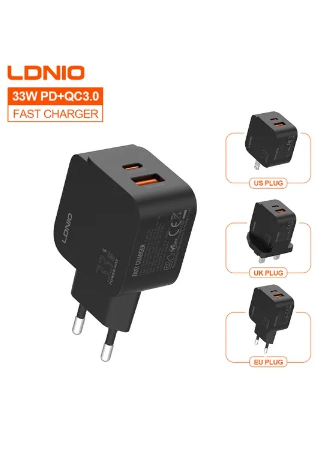 شاحن سفر LDNIO Q2 قوة 33W منفذين PD كابل USB-A أسود