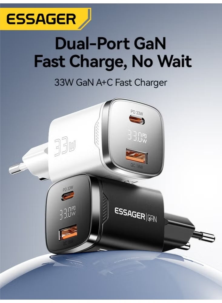 شاحن حائط ESSAGER JT-P18 GaN قوة 33W شاشة LED منفذين أسود
